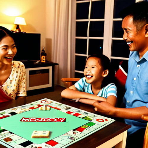 **Prompt:** A warm, inviting living room at night. A family (parents, children) are gathered around a board game (e.g., Monopoly or a traditional Malaysian game like Congkak) on a coffee table. No phones or tablets are visible. Soft lighting creates a cozy atmosphere. Everyone is smiling and engaged in the game.