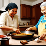 **Cooking Scene:** A warm, inviting kitchen scene with a grandmother (arwah nenek) cooking a traditional dish with her family. Focus on the aromatic spices, laughter, and the overall feeling of cherished memories.