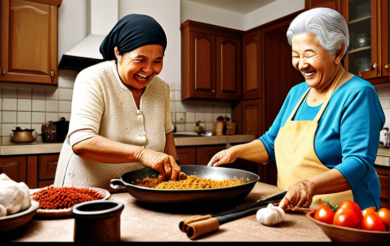 **Cooking Scene:** A warm, inviting kitchen scene with a grandmother (arwah nenek) cooking a traditional dish with her family. Focus on the aromatic spices, laughter, and the overall feeling of cherished memories.