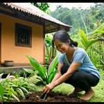 **A serene woman gardening in her backyard, surrounded by lush greenery and herbs, sunlight gently filtering through the trees. She is smiling, wearing simple clothes, and looks peaceful and connected to nature. In the background, a glimpse of a traditional Malay house can be seen.** (This captures the essence of connecting with nature, low-tech living, and traditional elements)