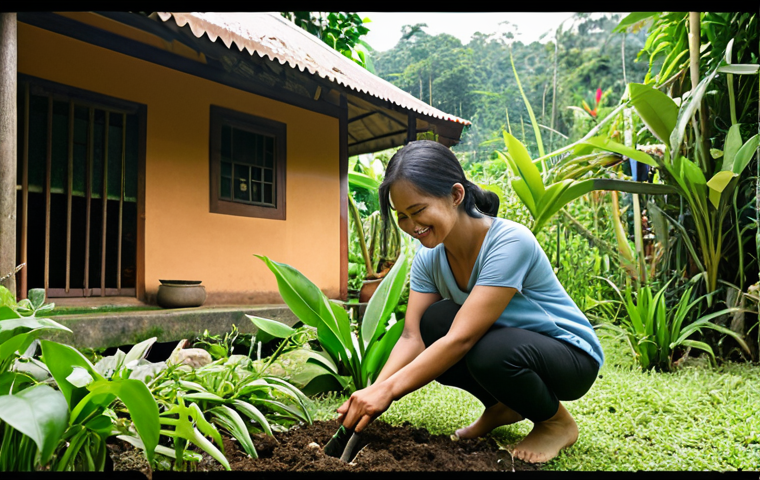 **A serene woman gardening in her backyard, surrounded by lush greenery and herbs, sunlight gently filtering through the trees. She is smiling, wearing simple clothes, and looks peaceful and connected to nature. In the background, a glimpse of a traditional Malay house can be seen.** (This captures the essence of connecting with nature, low-tech living, and traditional elements)