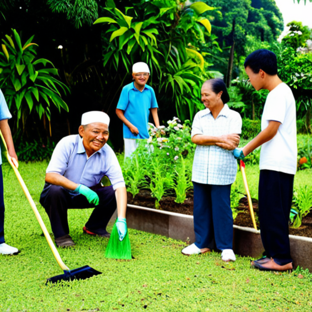 A vibrant scene depicting a diverse group of Malaysian community members, including men and women of various ages, participating in a 'gotong-royong' (communal work) activity in a bright, well-maintained neighborhood park. They are engaged in light gardening and cleaning, smiling and interacting naturally. Subjects are fully clothed in modest, comfortable everyday attire suitable for outdoor activities. The background shows lush greenery and a sunny atmosphere, evoking a sense of community spirit and genuine connection. Professional photography, high quality, perfect anatomy, correct proportions, natural poses, well-formed hands, proper finger count, safe for work, appropriate content, fully clothed, modest, family-friendly.