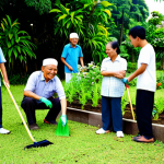 A vibrant scene depicting a diverse group of Malaysian community members, including men and women of various ages, participating in a 'gotong-royong' (communal work) activity in a bright, well-maintained neighborhood park. They are engaged in light gardening and cleaning, smiling and interacting naturally. Subjects are fully clothed in modest, comfortable everyday attire suitable for outdoor activities. The background shows lush greenery and a sunny atmosphere, evoking a sense of community spirit and genuine connection. Professional photography, high quality, perfect anatomy, correct proportions, natural poses, well-formed hands, proper finger count, safe for work, appropriate content, fully clothed, modest, family-friendly.