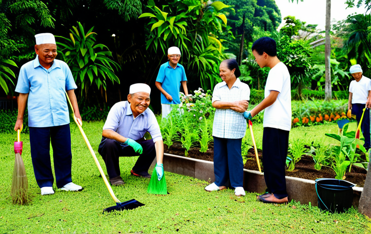 A vibrant scene depicting a diverse group of Malaysian community members, including men and women of various ages, participating in a 'gotong-royong' (communal work) activity in a bright, well-maintained neighborhood park. They are engaged in light gardening and cleaning, smiling and interacting naturally. Subjects are fully clothed in modest, comfortable everyday attire suitable for outdoor activities. The background shows lush greenery and a sunny atmosphere, evoking a sense of community spirit and genuine connection. Professional photography, high quality, perfect anatomy, correct proportions, natural poses, well-formed hands, proper finger count, safe for work, appropriate content, fully clothed, modest, family-friendly.