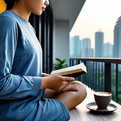 Home 29 A serene person, wearing modest, comfortable everyday attire, sitting peacefully on a cozy balcony in a modern Kuala Lumpur apartment. They are holding a physical book in their hands, a half-finished cup of local kopi is on a small table beside them. The background shows a soft, blurred urban cityscape at dawn, bathed in gentle morning light. The scene emphasizes tranquility, mindfulness, and a screen-free morning routine. Perfect anatomy, correct proportions, natural pose, well-formed hands, proper finger count, natural body proportions. Safe for work, appropriate content, fully clothed, modest clothing, family-friendly. Professional photography, high quality, realistic.