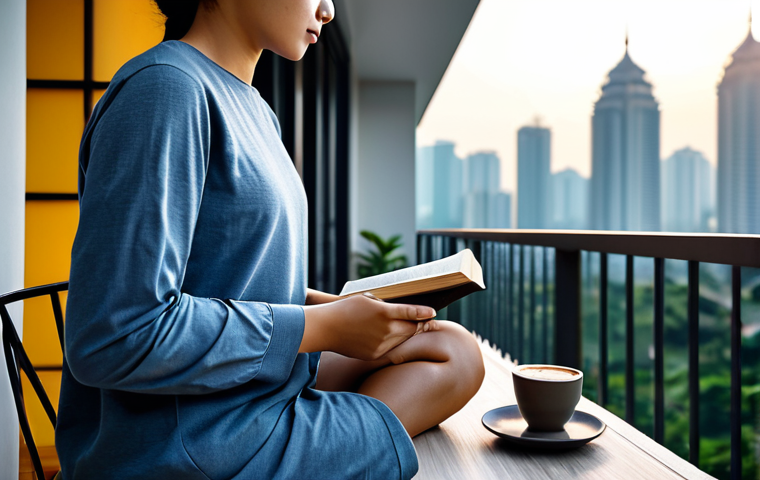 A serene person, wearing modest, comfortable everyday attire, sitting peacefully on a cozy balcony in a modern Kuala Lumpur apartment. They are holding a physical book in their hands, a half-finished cup of local kopi is on a small table beside them. The background shows a soft, blurred urban cityscape at dawn, bathed in gentle morning light. The scene emphasizes tranquility, mindfulness, and a screen-free morning routine. Perfect anatomy, correct proportions, natural pose, well-formed hands, proper finger count, natural body proportions. Safe for work, appropriate content, fully clothed, modest clothing, family-friendly. Professional photography, high quality, realistic.