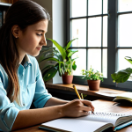 Analog Planning**

A woman sitting at a wooden desk, filled with notebooks, a physical calendar, and colorful pens. She is fully clothed in a modest, professional blouse and skirt, focused on writing in a notebook. The scene is bathed in warm, natural light from a window. Bookshelves and plants adorn the background. safe for work, appropriate content, fully clothed, professional, perfect anatomy, correct proportions, natural pose, well-formed hands, proper finger count, natural body proportions, high quality.

**