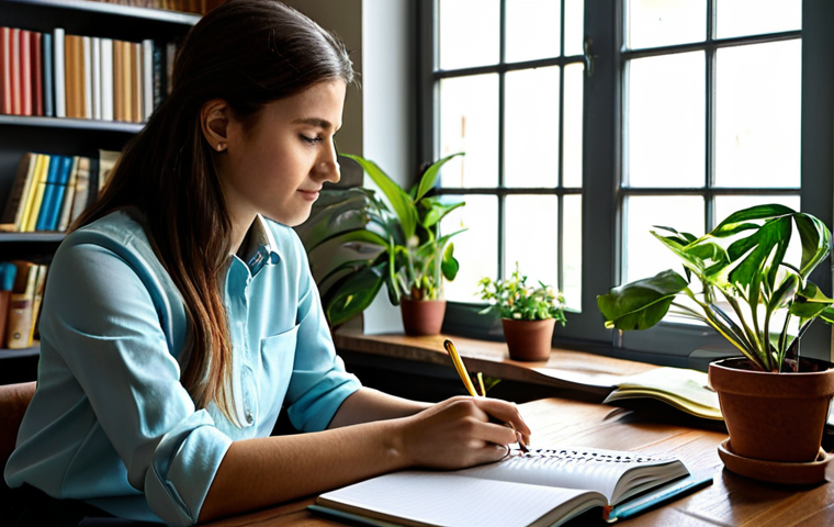 Analog Planning**
A woman sitting at a wooden desk, filled with notebooks, a physical calendar, and colorful pens. She is fully clothed in a modest, professional blouse and skirt, focused on writing in a notebook. The scene is bathed in warm, natural light from a window. Bookshelves and plants adorn the background. safe for work, appropriate content, fully clothed, professional, perfect anatomy, correct proportions, natural pose, well-formed hands, proper finger count, natural body proportions, high quality.
**