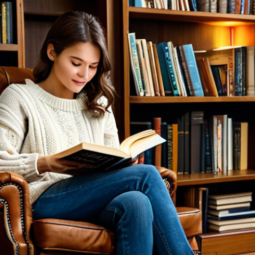 Home 27 **Cozy Reading Nook:** "A woman fully clothed in a comfortable sweater and jeans, sitting in a cushioned armchair next to a bookshelf, reading a physical book, warm lighting, safe for work, appropriate attire, perfect anatomy, professional photography."