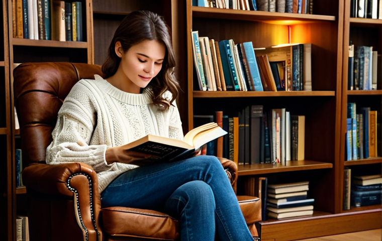 **Cozy Reading Nook:** "A woman fully clothed in a comfortable sweater and jeans, sitting in a cushioned armchair next to a bookshelf, reading a physical book, warm lighting, safe for work, appropriate attire, perfect anatomy, professional photography."